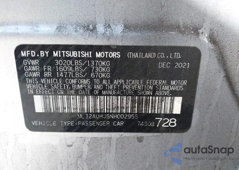 2022 Mitsubishi Mirage Es/Le z USA, uszkodzony, nr VIN ML32AUHJ6NH002955